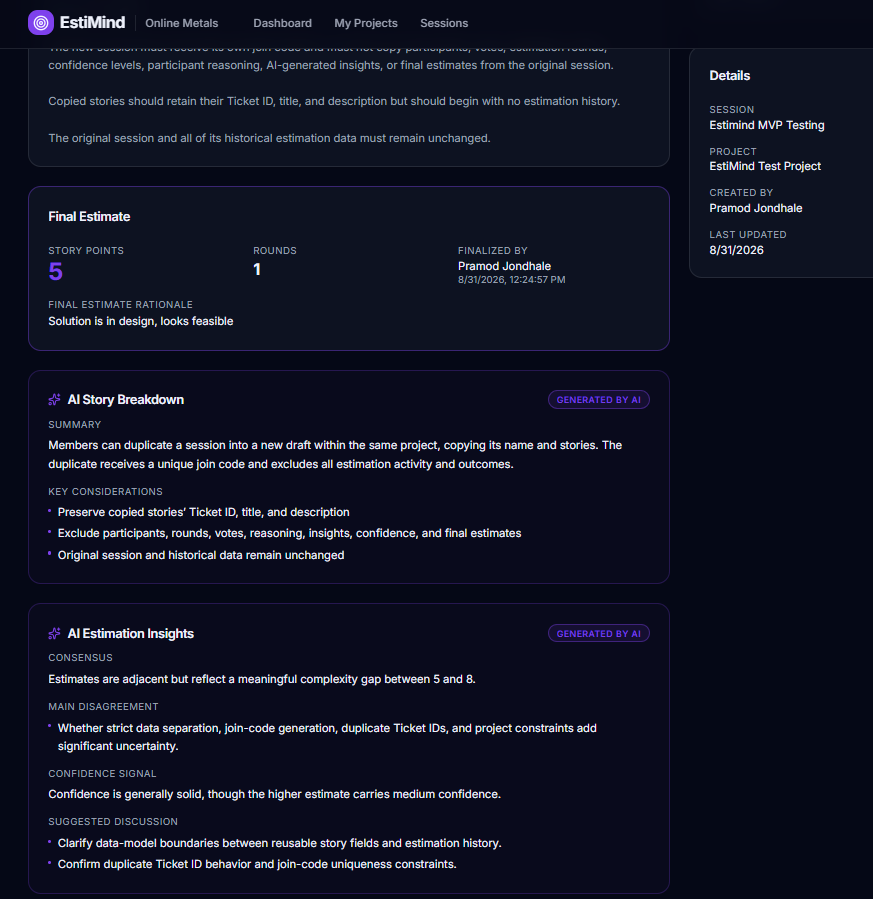 EstiMind interface showing final estimate, AI Story Breakdown, and AI Estimation Insights